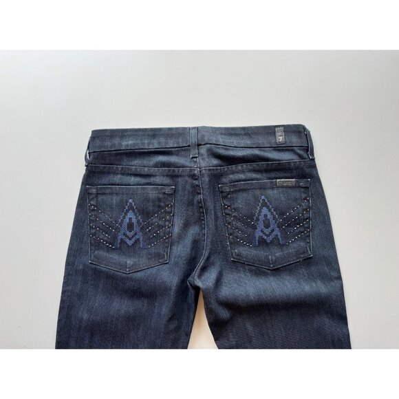 7 FOR ALL MANKIND Dark Rinse Embroidered Crystal "A" Pocket FlaredJeans, Size 27 - Picture 5 of 13